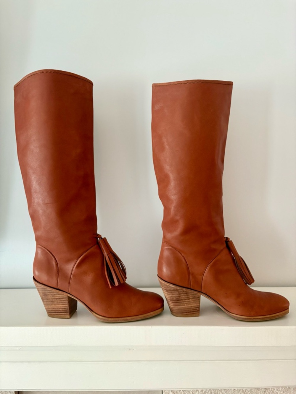 Rachel Comey Cognac Leather Over-the-Knee Tassel Boots